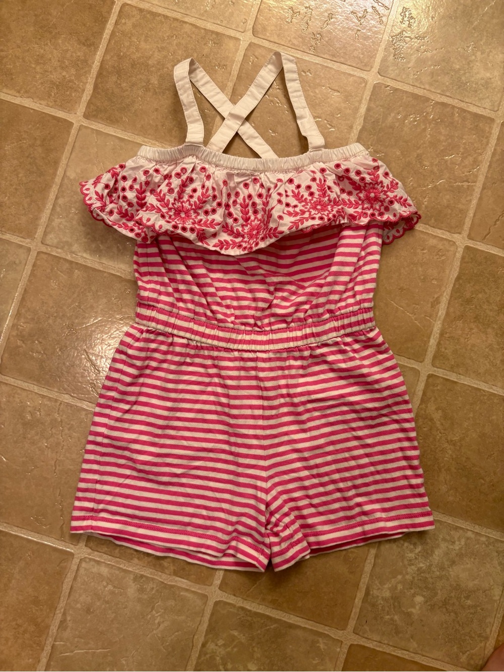 Hanna Andersson Pink & White Striped Ruffle Romper with Embroidered Yoke
